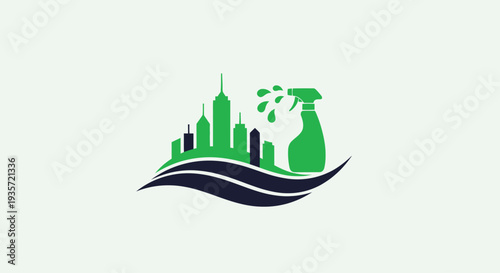 City Cleaning Service Logo with Spray Bottle and Skyline