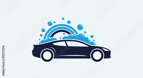 Car Wash Service Logo: Clean Automobile with Bubbles and Rainbow Arc