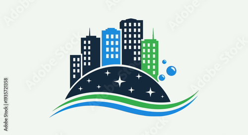 Cityscape icon with sparkling stars and bubbles