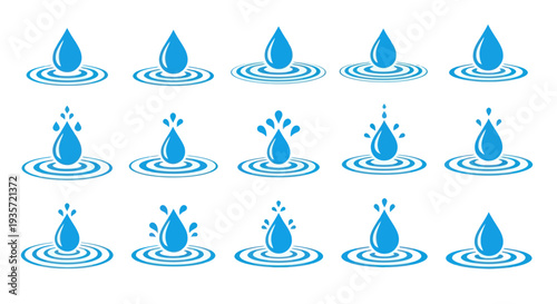 Water Drop Icons Set: Ripples, Splashes, and Falling Droplets - Vector Illustration