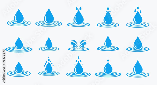 Blue Water Droplet Icons Set, Ripples, Splashes, Liquid Abstract Graphic Collection