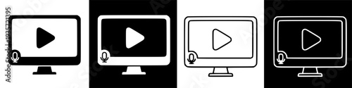 Online Video Conference and Streaming Icons: Play Button and Microphone on Screen