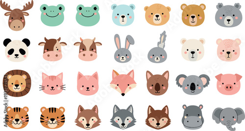 Cute animal faces cartoon vector illustration set with bear fox tiger panda frog rabbit and forest wildlife characters