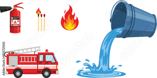 Fire Safety Equipment Collection Featuring Fire Extinguisher, Red Fire Truck, Flame Icon, Burning Matches, and Water Pouring from Blue Bucket Vector Illustration