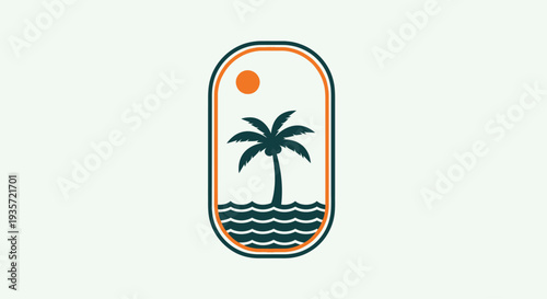 Stylized Palm Tree and Sun Emblem on Wavy Water Background