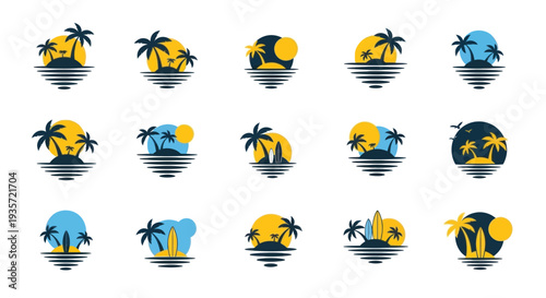 Tropical Island Icons: Palm Trees, Sunsets, Surfboards, Waves, and Ocean Views