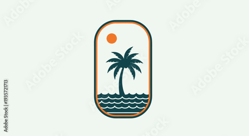 Stylized Palm Tree Silhouette on Tropical Beach with Sun and Waves - Vector Art