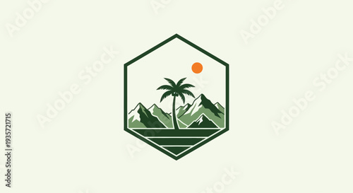 Palm Tree Silhouette in Mountain Landscape Emblem Icon