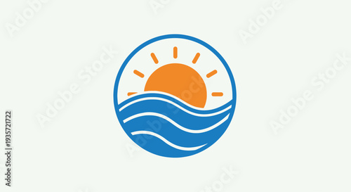 Sunrise over ocean waves logo, sun and sea icon, summer travel concept