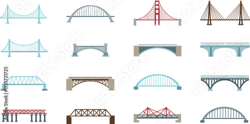 Bridge types collection with suspension arch truss and cable stayed bridges, transportation infrastructure structures set isolated flat vector illustration