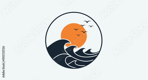 Stylized Sunset Over Ocean Waves with Flying Birds in Circle