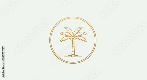 Golden tropical palm tree icon in circle on light background