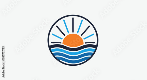 Sunset over ocean waves, circular emblem logo, vector illustration