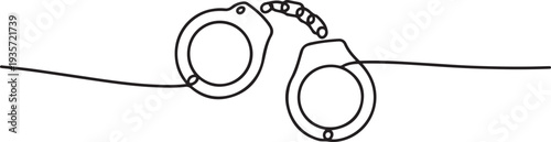 one line drawing of isolated vector object - handcuffs, On line continuous handcuffs.one line vector illustration with white background