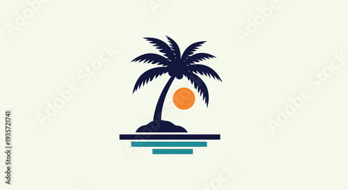 Minimalist Palm Tree Sunset Icon with Ocean Waves