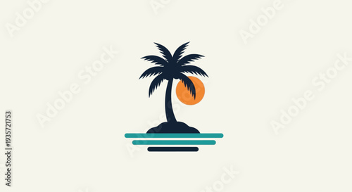 Minimalist Palm Tree Island Sunset Icon Vector