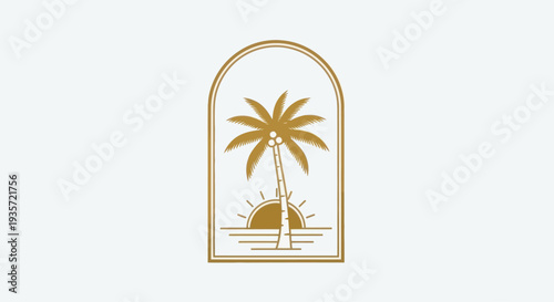 Golden Palm Tree Silhouette Sunset Emblem on White Background