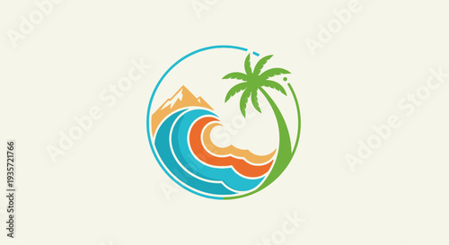 Tropical Island Paradise: Palm Tree, Ocean Wave, and Mountain Landscape Logo