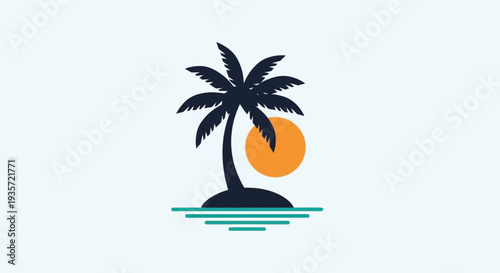 Minimalist tropical island with palm tree and sun graphic