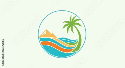 Tropical Island Logo with Palm Tree, Mountains, and Ocean Waves