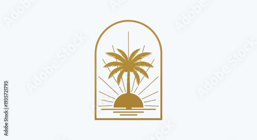 Golden Palm Tree Silhouette Arch Emblem with Sunrise and Ocean Waves