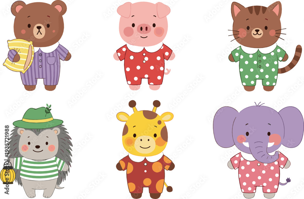Obraz premium Cute animals in pajamas cartoon vector illustration set with bear pig cat giraffe elephant and hedgehog bedtime characters