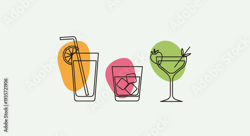 Minimalist vector illustration of three alcoholic cocktails with colorful abstract backgrounds.