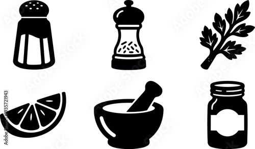 Flat design six spice and kitchen icons showing salt shaker pepper mill parsley lemon mortar and jar in close up