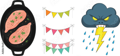 Flat Vector Illustration Set Featuring Seasoned Chicken Breast in Pan, Colorful Party Bunting Garlands, and a Grumpy Monster Rain Cloud with Lightning Bolt