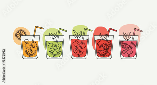 Refreshing Summer Drinks: Colorful Cocktails with Fruit and Ice, Minimalist Style