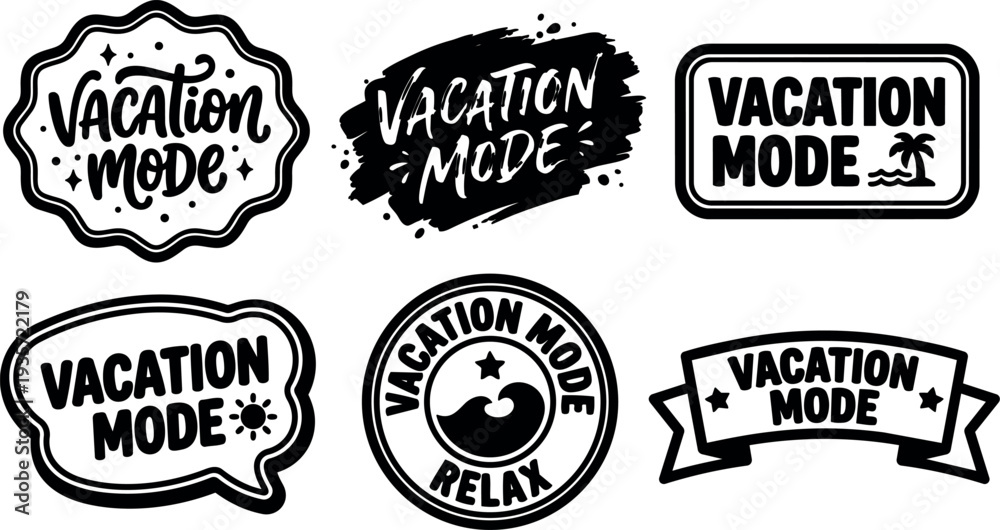 Obraz premium Hand lettering badge set of six vacation mode stamps palm tree sun wave icons in monochrome vector sticker collection pack