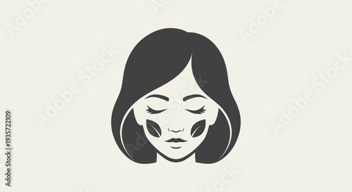 Minimalist icon of a woman's face with closed eyes and leaves on cheeks, representing natural beauty and skincare.