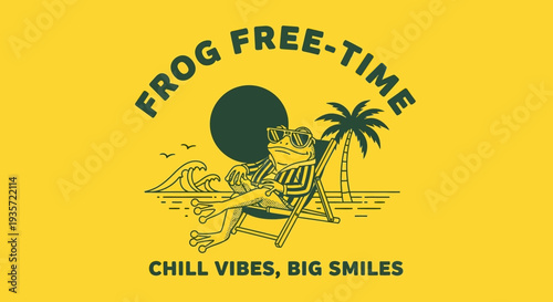 Cartoon Frog Relaxing on Beach Chair.