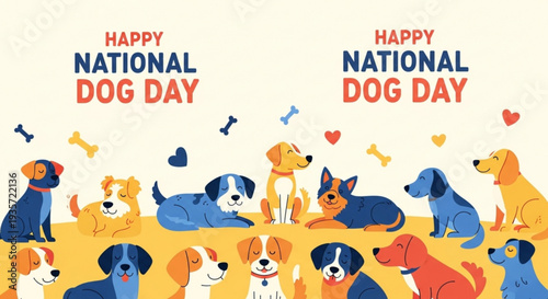 Happy national dog day celebration with diverse breeds of dogs and puppies