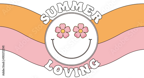 Retro Summer Loving Vector Graphic with Happy Smiley Face and Wavy Stripes. Groovy design template for posters, social media, and web banners, evoking a cheerful, nostalgic summer vibe
