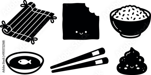 Kawaii flat vector close up sushi making kit with bamboo mat nori sheet rice bowl chopsticks soy sauce cute faces