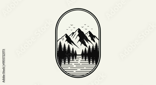 Vector mountain landscape logo with pine trees and river in oval frame