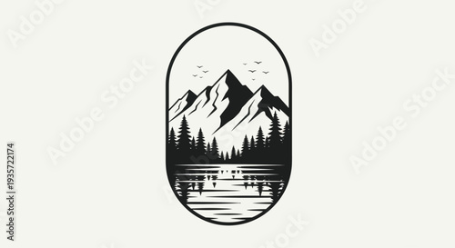 Minimalist mountain landscape with trees and lake in oval frame, vector illustration