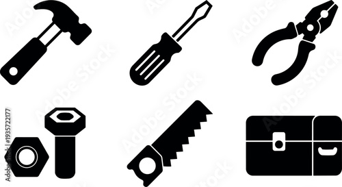 Flat design toolkit icons hammer screwdriver pliers saw nuts bolt and tool box simple black silhouettes white background minimalist set