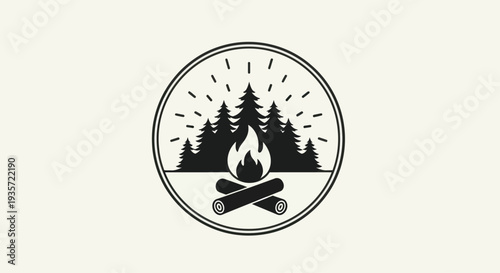 Campfire in forest badge icon, outdoor adventure, nature camping, fire and trees symbol