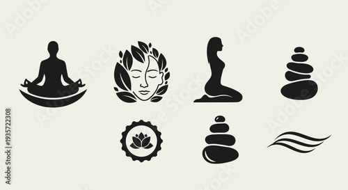 Wellness Icons: Yoga, Spa, Meditation, Lotus, Stones, Nature