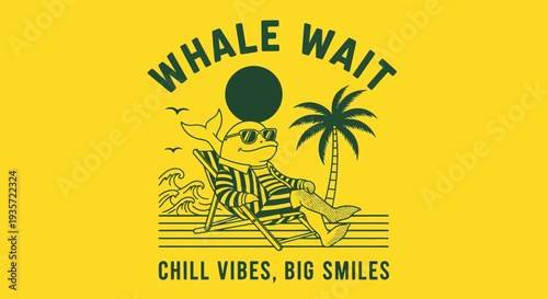 Cartoon Whale Relaxing on Beach with Palm Tree.