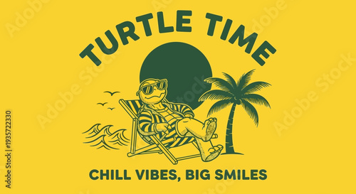 Cartoon Turtle Relaxing on Beach with Palm.
