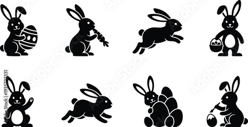 Set of playful black silhouette rabbit illustrations engaging in various activities