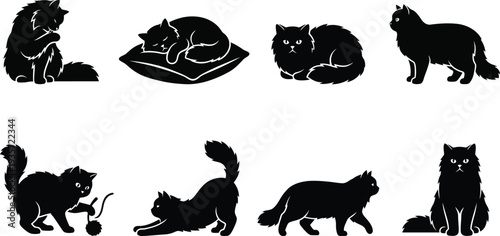 Collection of playful black cat silhouettes in various poses and actions for pet-themed designs