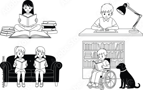 Children reading and writing vector illustration set, inclusive education design, diverse learning activities, studying kids artwork, school study concept graphic