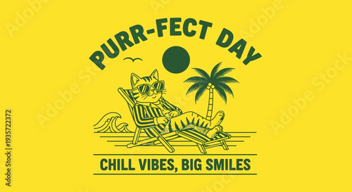 Cat Relaxing on Beach with Palm Tree.