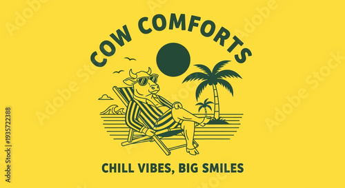 Cow Relaxing on Beach Chair Illustration.