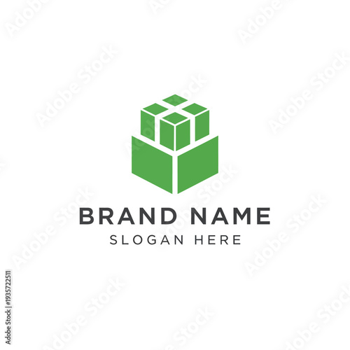 Green Cube Logo Design Template with Brand Name and Slogan Placeholder.