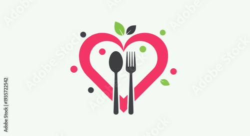 Healthy Food Heart Logo with Spoon and Fork, Nutrition and Wellness Icon